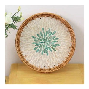 Premium Quality Vietnam Lacquerware Round Rattan Lacquer Tray Woven Trays with Mother of Pearl Inlay
