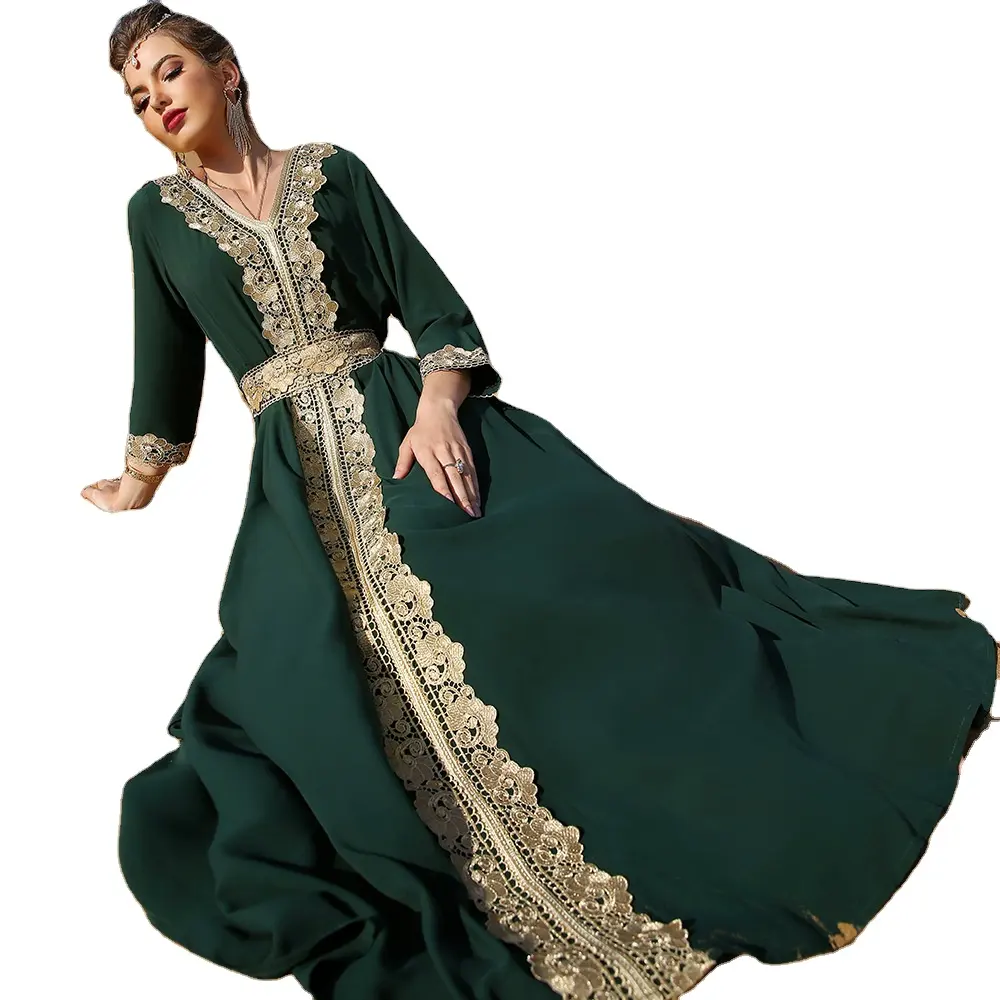 Dark Green Embroidered Lace Elegant Vintage Vacation Gorgeous Middle Eastern Dress Islamic Clothing Muslim Dress