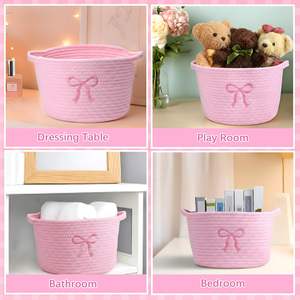 Vesici - Juego de 3 Cestas Pequeñas con Lazo Rosa, Cestas de Almacenamiento de Cuerda de Algodón Tejida, 9.7'' X 7.1'', Organizador de Ropa Sucia, Asas para Juguetes - Product Image 5