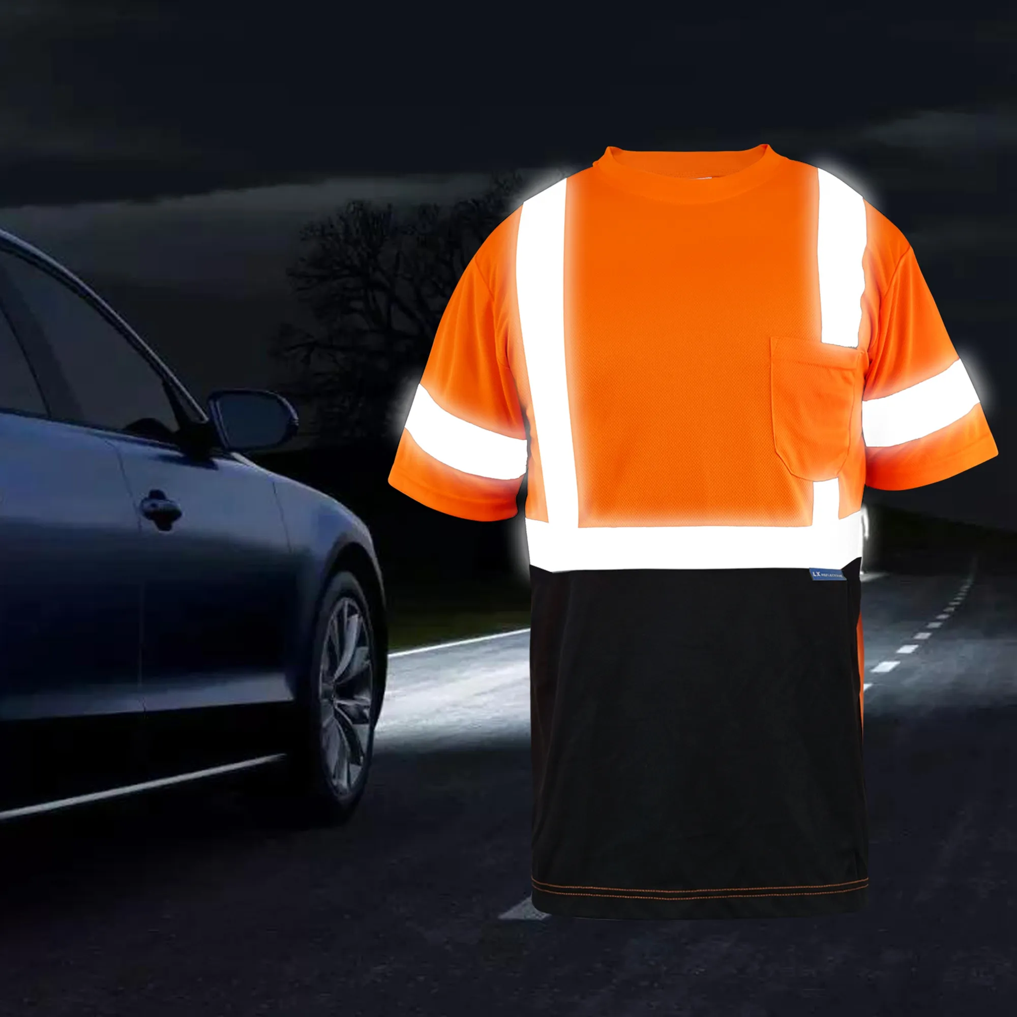 LX สต็อก Hi Vis แขนสั้นสะท้อนแสงเสื้อยืดสีส้มสีดําเสื้อโปโลความปลอดภัยต่ําขั้นต่ําโลโก้ที่กําหนดเองความปลอดภัยเสื้อยืดสําหรับ Man