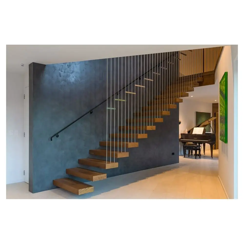 פרימה מודרני מקורה Embedded צף מדרגות עם עץ שרשראות מזג זכוכית שרשראות עבור וילה דירה