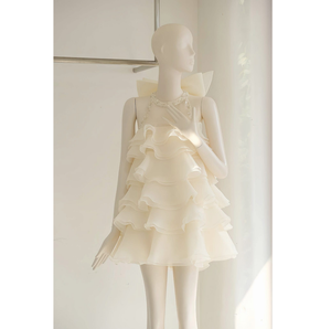 Vestido Mini de Gasa Dulce con Volantes, Sin Mangas, Estilo A-Line, para Fiesta, Cintura Natural, Ajuste Holgado, Color Sólido, Dobladillo en Capas, Estilo Verano - Product Image 1