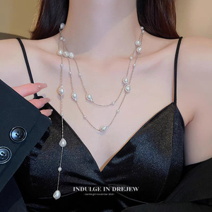 Irregular Pearl Necklace Double Layered Long Pendant Imitation Pearl Women's Fashion Sweater Chain Party Accessory - Product Image 1