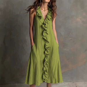 Vestido midi sin mangas con cuello en V para mujer, con volantes verticales, bolsillos laterales delanteros, holgado, fluido, mezcla de lino, informal, para vacaciones - Product Image 2
