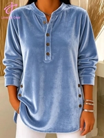 Sweat-shirt décontracté à col en V, manches longues, couleur unie, en velours doux et chaud pour femmes, taille plus, avec logo personnalisé Loveda