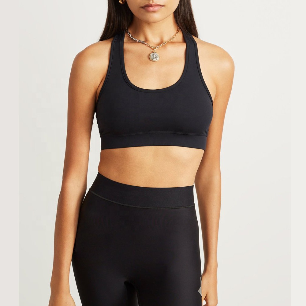 Women's Solid Design Custom Made Backless Racerback Sports Bra 100% Nylon Crystal Padded Mid Front Medium Support for Yoga