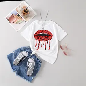 New Girls 2-piece T-shirt summer solid color kids foreign style casual short-sleeved fashion red lips printed kids clothing