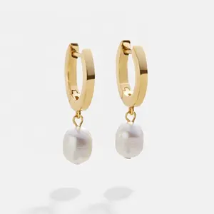 14k 18k Gold Plated Luxury Jewelry Natural Freshwater Pearl Drop Hoop Pearl Earrings S925 Sterling Silver