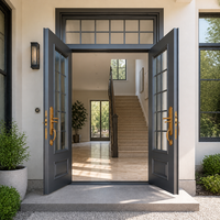 Porte d'entrée double en acier gris foncé moderne avec transom en verre pour villa