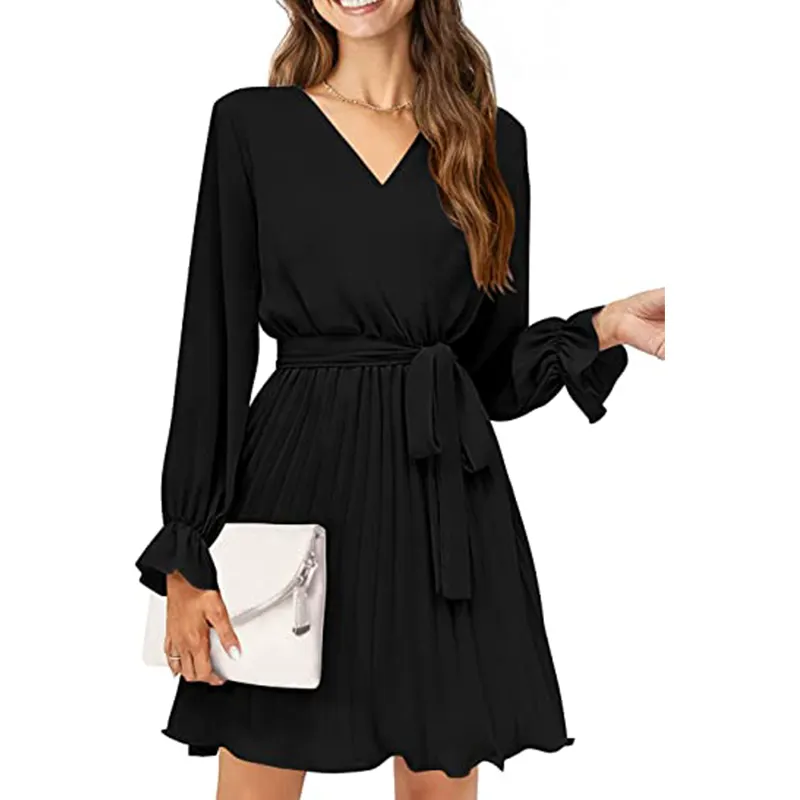 Women's Casual Spring Dresses Long Puff Sleeve V Neck Pleated Ruffle Flowy Belted Dress