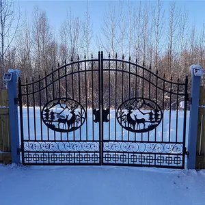 Great Bear 16' Bi-Parting Dual Swing Wrought Iron Gate Security Fence Steel Frame Driveway Garden Sliding Open Style Home Use