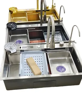 Fregadero de cocina moderno, diseño gráfico negro, fregadero de cocina personalizado, cuenco Rectangular de acero inoxidable cepillado