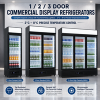 Réfrigérateur-congélateur vertical commercial à refroidissement direct et par air, porte vitrée, sans givre, étagères réglables pour hôtels et magasins