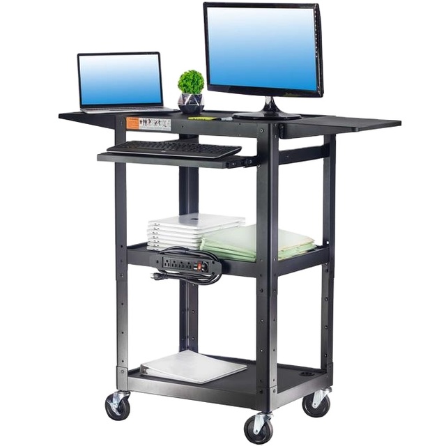 3 Layers Steel Cart for Movable Work Station; Media Rolling Cart with Keyboard and Power Strips
