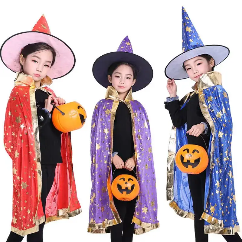 Capa de disfraz de Halloween Capa de bruja con patrón de estrellas y luna y bolsillo de calabaza Capa y sombrero de fiesta de juego de rol para niños