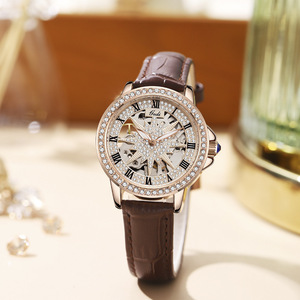 Reloj de Pulsera de Cuero Mecánico Automático Retro con Esqueleto de Cielo Estrellado de Alta Gama para Mujer, Regalo de Navidad - Product Image 1