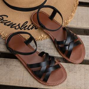 Sandales plates décontractées de couleur unie pour femmes, sandales respirantes de style plage à lacets croisés élastiques. - Product Image 4