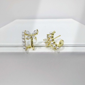 custom plata 925 sterling <b>silver</b> Gold Plated <b>Huggie</b> Earring Round Brilliant Cut wedding Classic geometric pearl stud earrings - Product Image 3
