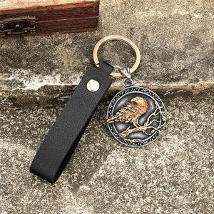 Nordic Viking Raven Keychain Oval Zinc Alloy Embossed Pendant Leather Carabiner Style Handmade Metal <b>Key</b> <b>Chain</b> - Product Image 3