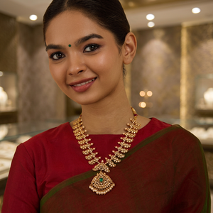 Authentic Silver Flower Design Short Temple Necklace with Gold Polish and Green Ruby Stones-Culturally Inspired Wedding Jewelry - Product Image 2
