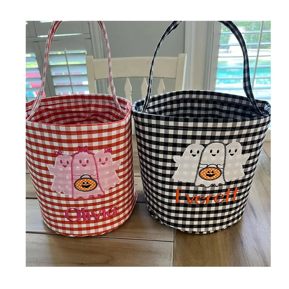 Wholesale Trick or Treats Kid Candy Baskets Sublimation Canvas Bucket Halloween Embroidery Basket