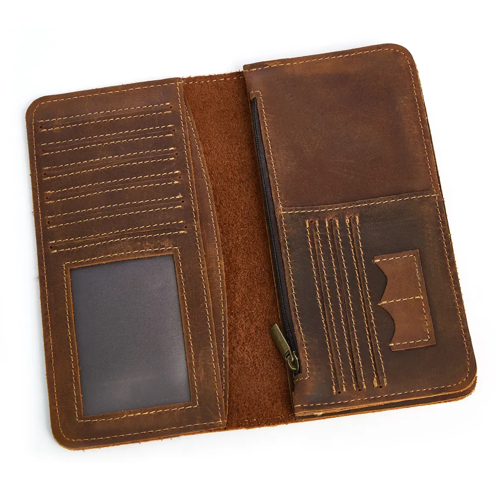 DUJIANG Male Crazy Horse Leather Card Holder Long Wallet for Men Wallets Cow Genuine Leather