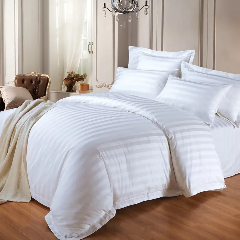 Star Hotel Bedding King Size White 3CM Stripe Bed Spreads Bedding Set Satin Custom 100% Cotton Hotel Bedding Set For Hotel