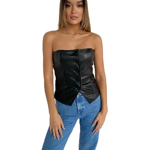 Summer Women Sexy Black Solid Color Slim Wrap Chest Vest Button Snap Low Cut Crop Top