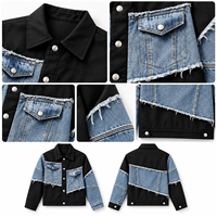 Veste en jean délavée et effilochée pour homme, style streetwear décontracté, patchwork noir et bleu, coupe personnalisée
