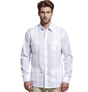 Camisas Guayaberas Cubanas Personalizadas para Hombre, Blancas, Casuales, de Manga Larga, con 4 Bolsillos, Camisa de Vestir Clásica con Pliegues - Product Image 4