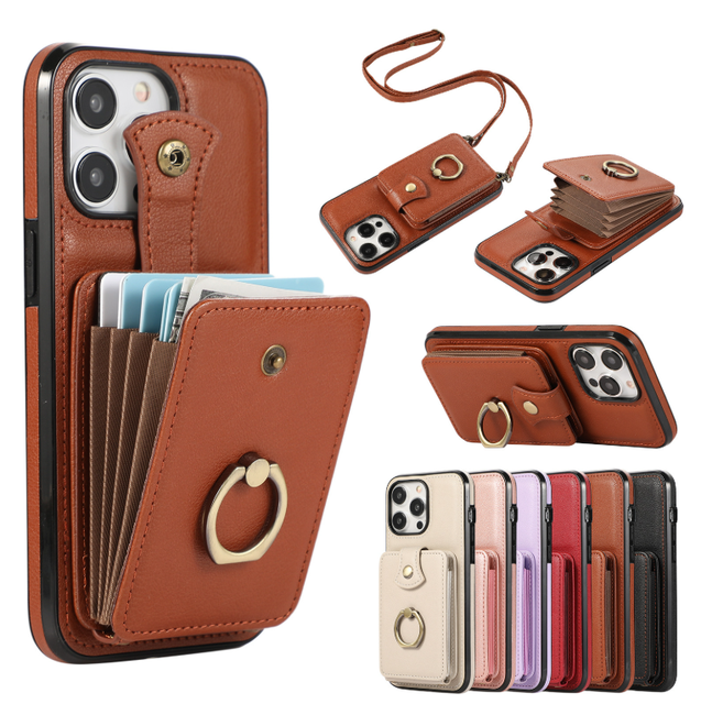 For iPhone 17 Case Luxury Leather Crossbody Lanyard Wallet Card Ring Holder Phone Cover for iPhone 7 15 16 Pro Max