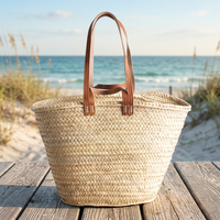 Handgewebte marokkanische Palmblatt-Schultertasche für Damen, Strand-Einkaufstasche, mittelgroß (30-50 cm), mit Reißverschluss, braune Griffe