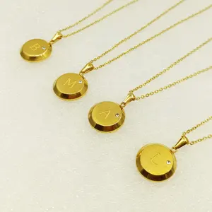 Vintage Golden Round Initial Letter Pendant 18k Gold Plating Diamond Charm Women's Pendant Necklace