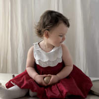 Robe de fête rouge pour bébé fille HamiPuff, robe sans manches pour tout-petits avec col festonné blanc