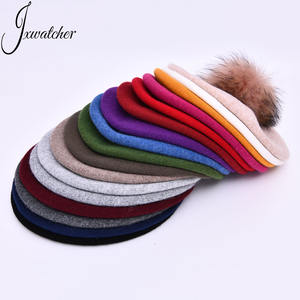 Jxwatcher السيدات سادة كلاسيكي قبعة قبعة من الصوف مع فرو حقيقي كبير بوم بوم فنان الربيع الشتاء متماسكة الفرنسية النساء الصوف قبعة مخصصة - Product Image 6