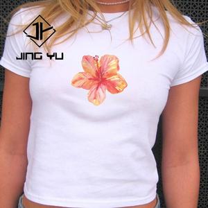 Camiseta Corta de Alta Calidad, Camiseta de Algodón Orgánico, Camiseta de Algodón con Estampado Floral Personalizado para Mujer - Product Image 1