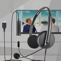 OMFOX Headset Berkabel USB, Headphone Over-Ear, Mikrofon Boom, Kontrol Inline untuk Komputer, Telemarketing