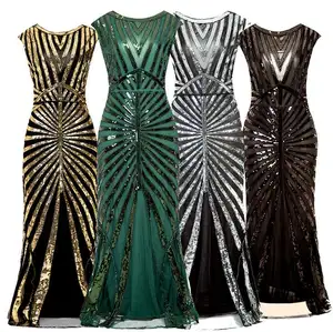 Ecoparty 1920s Long Prom Dresses V Neck Beaded Sequin Gatsby Maxi Evening Dress