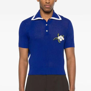 Mode personnalisée été hommes tricoté chemise incrustée pur coton hommes à manches courtes couleur unie tricoté pull col T-shirt - Product Image 1