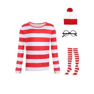 Costume de cosplay pour la semaine du livre Waldo parent-enfant, haut rayé, pantalon, chapeau, lunettes, kit de dessin animé Wally Waldo, costume de <span class=keywords><strong>couple</strong></span> pour Halloween - Product Image 1
