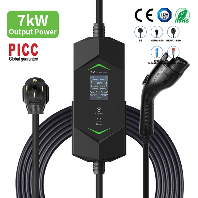 Factory Price New XUNDAO XD-P-05 Portable EV Charger 32A 7kW Type 2 IP65 Protection 2.4'' LCD Display 4.5M TPU Jacket Cable