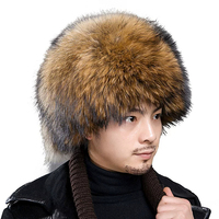 Chapeau en fourrure de raton laveur véritable de luxe, couleur naturelle, pour homme, style russe, chaud pour l'hiver, avec logo personnalisé