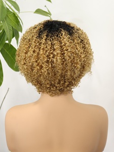 Perruques courtes bouclées afro blondes ombrées pour femmes noires, perruque afro courte avec frange, fabriquée à la machine, cheveux humains vierges indiens, coupe pixie - Product Image 2