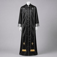 Costume de Prêtre pour Homme, Robe Soutane Romaine en Satin, Broderie Croix Argentée et Dorée, Tenue de Scène pour Halloween