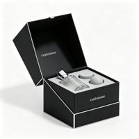 Boîte magnétique personnalisée avec logo noir mat et bordure argentée, ensemble cadeau de parfum, insert moulé en mousse, emballage rigide de luxe en gros