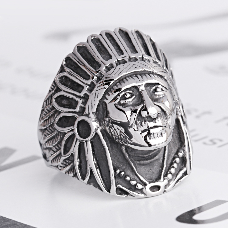 Stainless Steel Apache Indian Chief Head Shield Ring - Sizes 9 To 14, Men's Bold Statement Ring