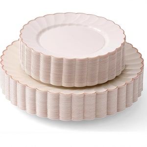 <span class=keywords><strong>Vaisselle</strong></span> élégante BST, assiettes jetables en <span class=keywords><strong>plastique</strong></span> beige, bord festonné, dentelle dorée, bordure dorée, pour mariage et fête - Product Image 4