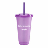 Bouteille de boisson isotherme premium réutilisable avec couvercle et paille en plastique violet activé par le froid, changeant de couleur, anti-fuite, pour jus glacé