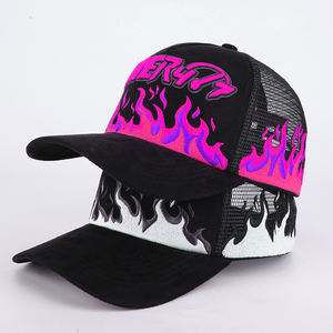 공장 맞춤 제작 5패널 야구 메쉬 캡 자수 로고 챙 불꽃 메쉬 스웨이드 트러커 모자 - Product Image 3