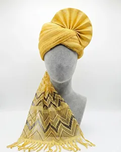 Turban jaune texturé avec franges torsadées, foulard hijab pour couvrir les cheveux, idéal pour un usage quotidien - Product Image 1